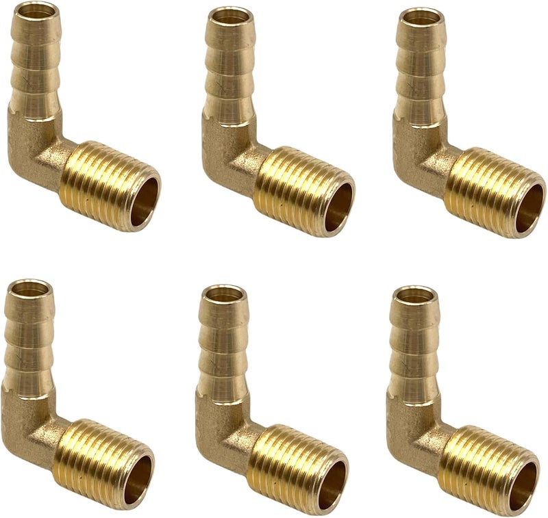 Bumugufu 6 Pcs 1/4" NPT x 5/16" OD Air Line Fittings,Brass Hose Barbed 90 Degree Elbow Fittings for Low-pressure,Fuel,Air and Non-potable Water Chilling Application - Image 1